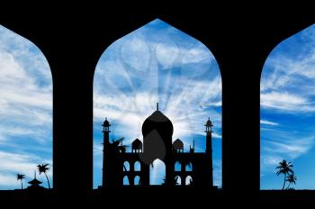 Silhouette of an Islamic prayer hall-house in the beautiful sky