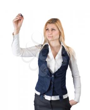 Concept of a business presentation. Business woman with a pen in hand