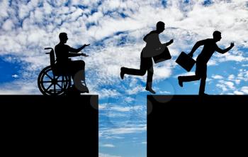 The silhouette of a disabled worker in a wheelchair stopped before an abyss and healthy workers jump over the abyss and run on. The concept of inequality and discrimination of people with disabilities