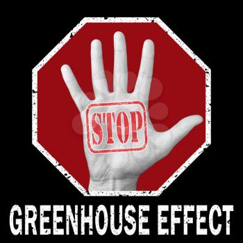 Stop greenhouse effect conceptual illustration. Open hand with the text stop greenhouse effect. Global social problem