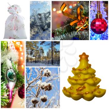 New year collage with Christmas toys and soap in the shape of Christmas trees.
