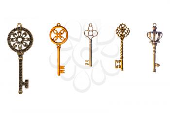 A set of five decorative keys. Isolated on white.