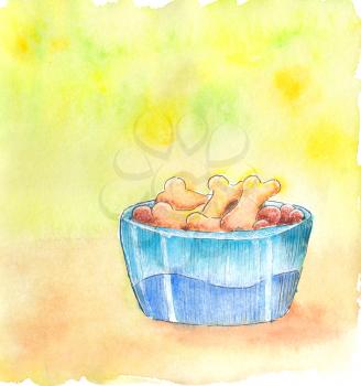 Dog bowl with crunchy bones on a bright background. Watercolor sketch.