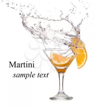 cocktail in a martini glass on a white background with fruit (with sample text)
