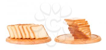 collage Sliced bread on a wooden chopping board isolated on white