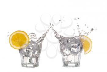 collage Ice cubes splashing into glass of water, isolated on white