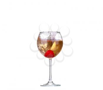 Single Strawberry splashing into a glass of wine