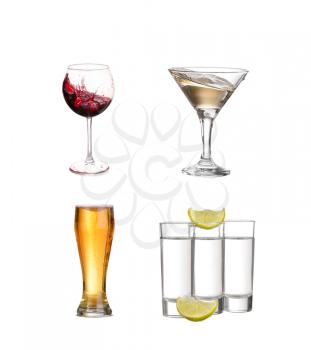 Collage of alcohol drinks. isolated on white