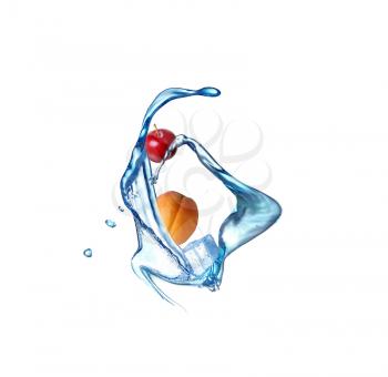 Peach and red plums in a spray of water and ice. Juicy peach with splash on a white background