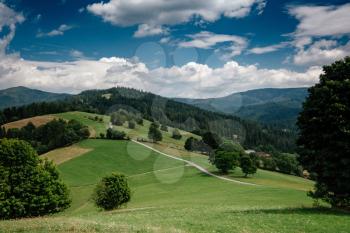 Road in mountain valley at sunny morning in Poland. View with asphalt roadway, meadows with green grass, mountains, blue sky with clouds and sun. Highway in fields. Trip in europe. Travel