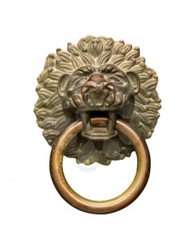 Isolated Lion head brass or copper door knocker with round ring against white background