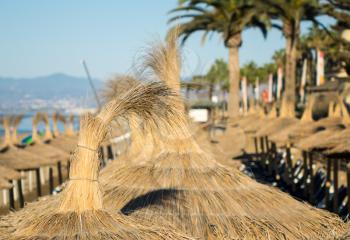 Detail of woven umbrellas above rows of many relaxing beds and loungers on beach