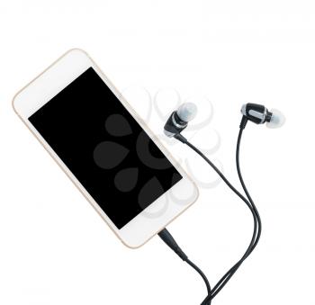 MP3 digital music player built into smartphone or mobile phone with earbuds isolated against a white background