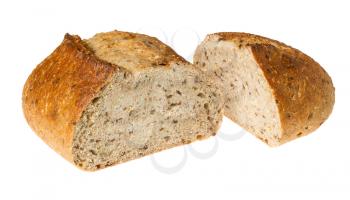 Whole wheat or multi grain brown bread fresh from oven bakery cut into two pieces and isolated against a white background
