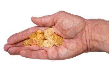 Senior man's hand holding tenth ounce pure gold USA treasury coins and isolated against a white background