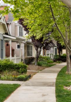 Single family homes along concrete footpath in California tree lined residential sub division