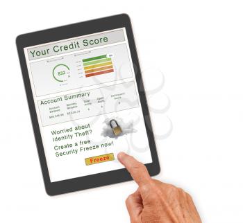Computer tablet or smartphone with  credit score report and senior hand about to press button to freeze the record. Isolated against white background