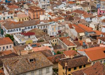 Aerial view over the old tiled roofs of the city of Nafplio in Greece