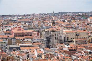 Panorama of the skyline of Lisbon over the rooftops of the old town from the castle