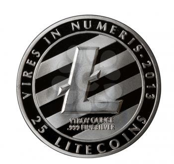 Isolated silver Litecoin coin. This is a form of a blockchain cyber currency similar to Bitcoin