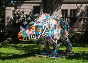 PITTSBURGH, PA - 4 JULY 2018: Triceratops painted by Phillips Elementary School as project in Pittsburgh PA