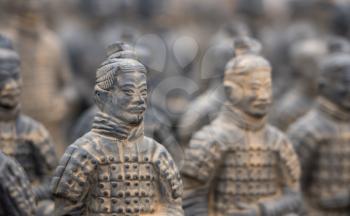 Detail of a model of the pottery terracotta army warriors and soldiers found outside Xi'an China