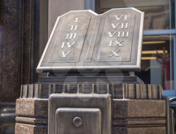 CLARKSBURG, WV - 15 JUNE 2018: Carving of Ten Commandments outside Court House in Clarksburg, West Virginia