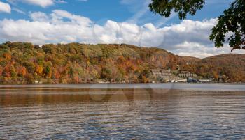 Panorama of the autumn fall colors surrounding Cheat Lake from the waterside near Morgantown, West Virginia