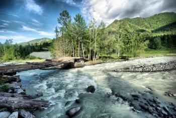 The mountain river in the mountains. Current through the gorge the river. Stones and rocky land near the river. Beautiful mountain landscape.