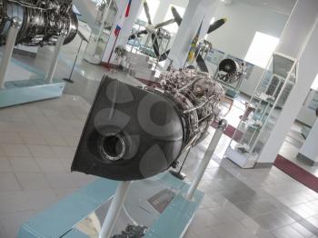 Gatchina, Russia - June 16, 2016: Museum of the history of aircraft engine building. Aircraft engines on stands. Turbine engines and internal combustion engines. Models of aircraft construction.