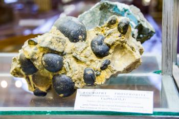 Fersman Museum, Moscow, Russia - February 14, 2018: Meteorites and minerals in the museum. Mineralogical museum