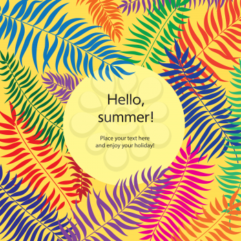 Summer background with tropical leaves. Palm leaf border wirh copy space, vector illustration