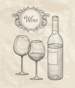 Wine set. Wine glass, bottle, lettering. Cafe menu. Wine card sketch