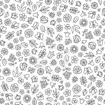 Flower icon seamless pattern. Floral leaves and flowers white texture. Nature background