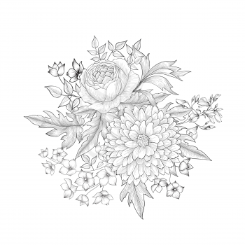 Flower bouquet isolated. Floral sketch background. Hand drawn engraving greeting card
