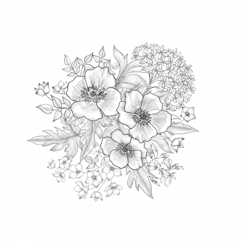 Flowers bouquet isolated. Floral greeting card background. Flowers and leaves retro engraving. 