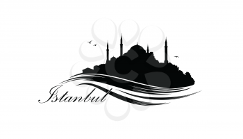 Istanbul city skyline with famous turkish travel landmark. Tourist icon of Istanbul city. Cityscape silhouette. Architectural sign with Hagia Sophia and lettering Istanbul.