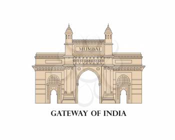 India, Mumbai city. Indian gateway famous landmark. Travel Asia icon. Indian city symbol. Line art