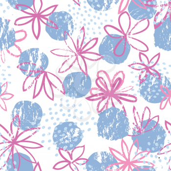 Abstract floral seamless pattern with geometric shapes. Polka dot ornamental background with flowers. Stylish drawn dotted backdrop.