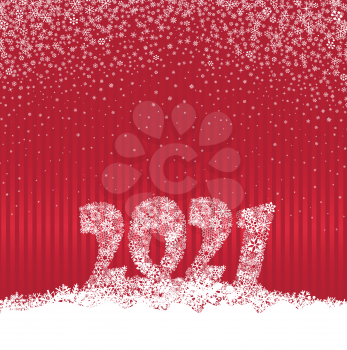 Happy New Year red festive curtain background and snow. Winter holiday greeting card design with snowfall. Happy Winter Holiday Wallpaper. Greeting Card with Lettering 2021 done from snowflakes