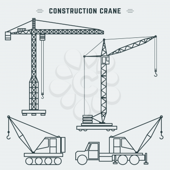 Line design construction crane. Tower crane and truck crane. Vector illustration