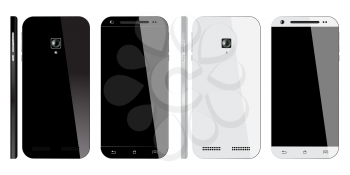 Realistic black and white Smartphone with blank screen, isolated on white background. Front, Back and Side view. Mockup design. Vector illustration.