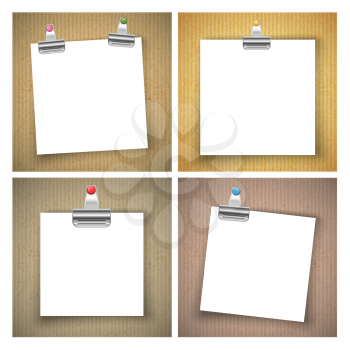 Paper sheet with colored push pin and binder clip on cardboard texture background. Vector illustration.