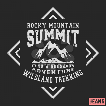 T-shirt print design. Mountains vintage stamp. Printing and badge applique label t-shirts, jeans, casual wear. Vector illustration.