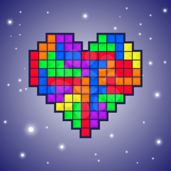 Mosaic heart colored brick games pieces. Heart old video game designed for greeting card, gift wrapping, invitation printing, valentine day background, brochure or flyer. Vector illustration.