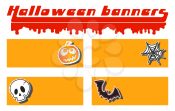 Halloween pumpkin, skull, cobweb and bat stickers with place for text. Scary and spooky happy halloween banner or header template. Vector illustration.