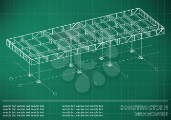 Construction drawings. 3D metal construction. Cover, green background for inscriptions. Grid line