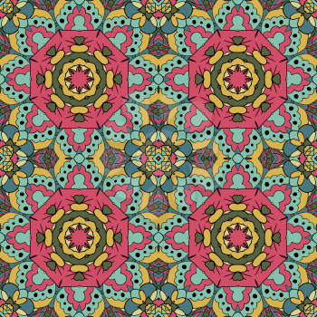 Oriental pattern. Traditional seamless ornament. Mandala. Flowers. Doodle drawing. Blue, yellow and pink colors