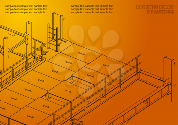 Building. Metal constructions. Volumetric constructions. 3D design. Abstract. Orange