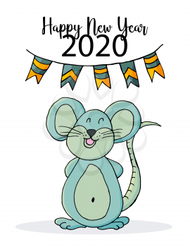 Cute mouse or rat, symbol of 2020. New Year greeting card, flyer, banner. Holiday poster, invitation. Vector style. Happy new year